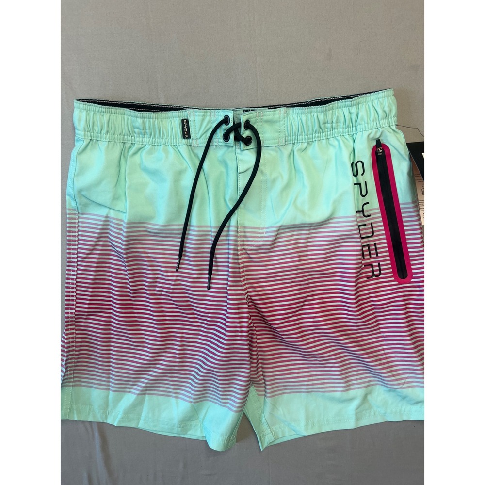 Spyder Swim Mens XL Board Shorts Mint Green Magenta Striped UV Protection